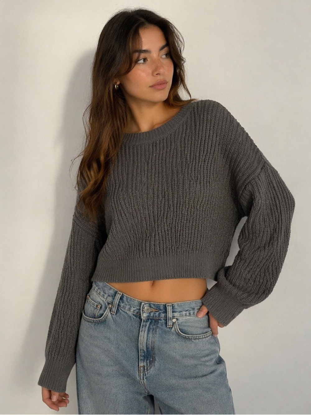 Cider Cropped Knit Sweater Grey Minimalist Soft Girl Cozy oversized XS